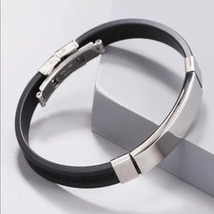 Black Leather Stainless Steel Silver Fastening Egyptian Design Men’s bracelet